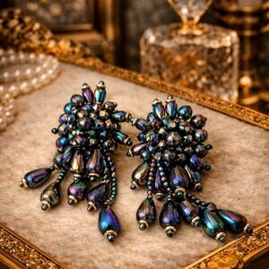 VINTAGE 1960S IRIDESCENT GLASS CHANDELIER CLIP EARRINGS STATEMENT PIECE